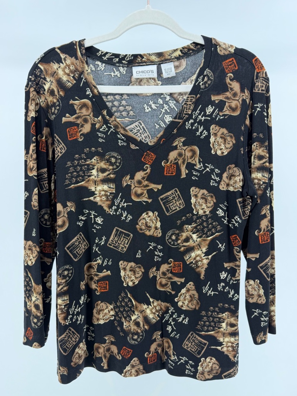 Vintage Chico's Travelers Elephant & Buddha Asian Print Top, Women's Medium (1)
